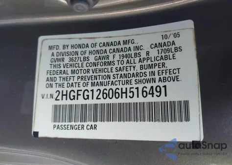 2006 Honda Civic Lx from USA, damaged, VIN 2HGFG12606H516491